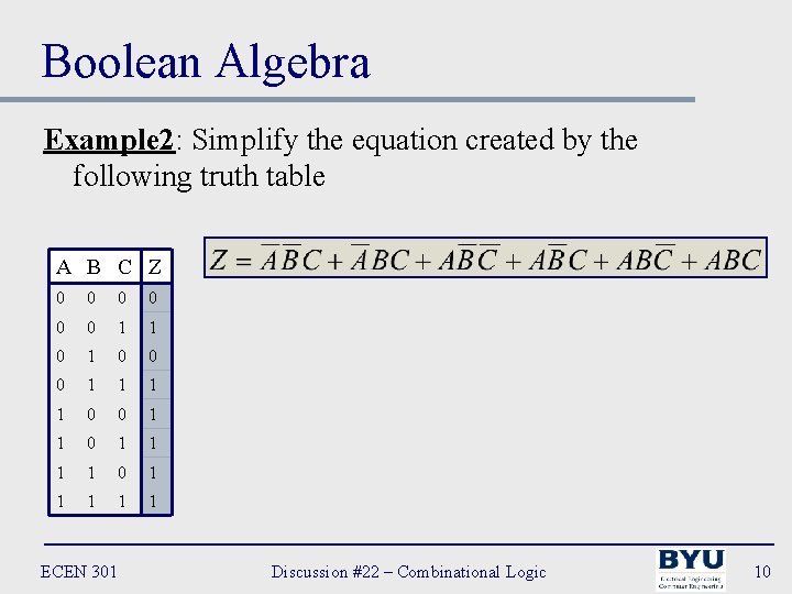 Boolean Algebra Example 2: Simplify the equation created by the following truth table A