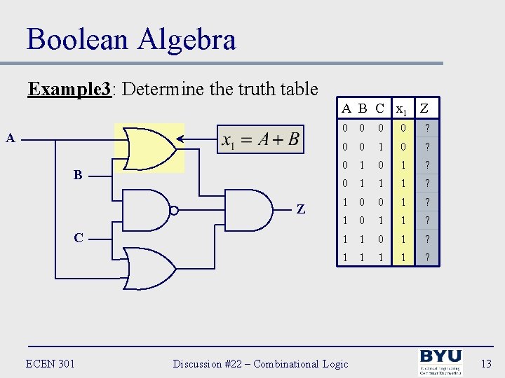 Boolean Algebra Example 3: Determine the truth table A B C x 1 Z