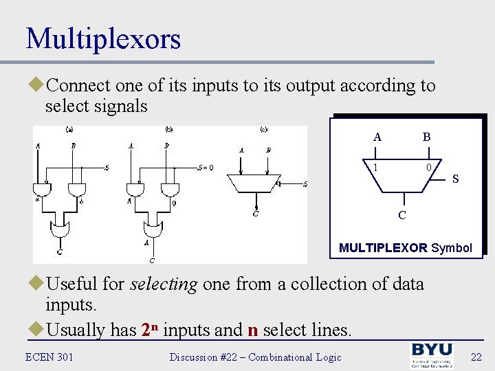 Multiplexors u. Connect one of its inputs to its output according to select signals