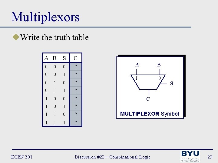 Multiplexors u. Write the truth table ECEN 301 A B S C 0 0