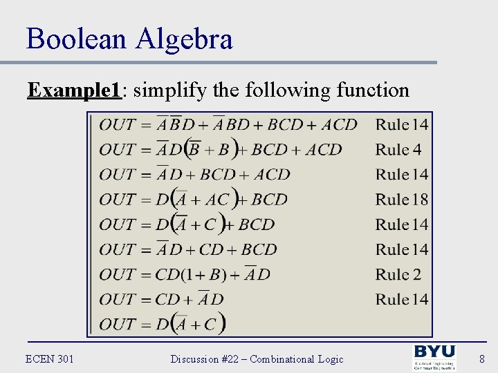 Boolean Algebra Example 1: simplify the following function ECEN 301 Discussion #22 – Combinational