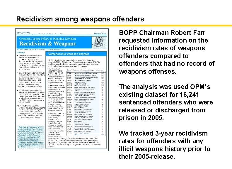 Recidivism among weapons offenders BOPP Chairman Robert Farr requested information on the recidivism rates