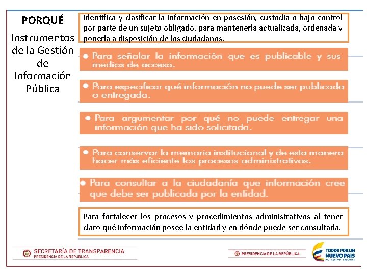 PORQUÉ Instrumentos de la Gestión de Información Pública Identifica y clasificar la información en