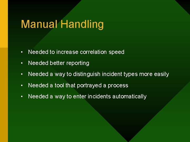 Manual Handling • Needed to increase correlation speed • Needed better reporting • Needed