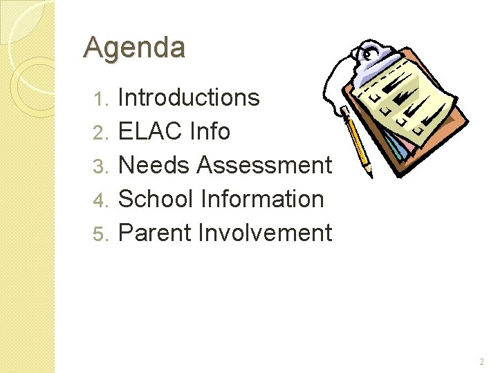 Agenda 1. 2. 3. 4. 5. Introductions ELAC Info Needs Assessment School Information Parent