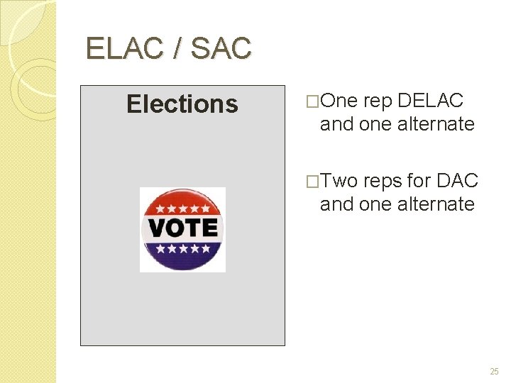 ELAC / SAC Elections �One rep DELAC and one alternate �Two reps for DAC