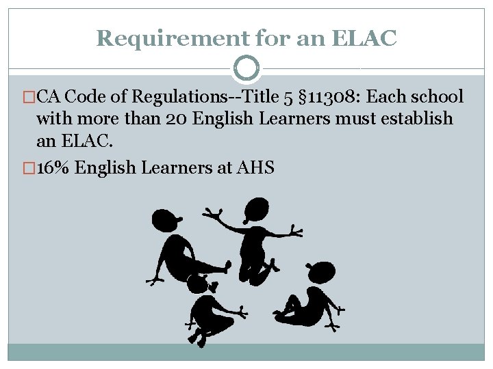 Requirement for an ELAC �CA Code of Regulations--Title 5 § 11308: Each school with