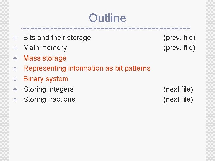 Outline ± ± ± ± Bits and their storage Main memory Mass storage Representing