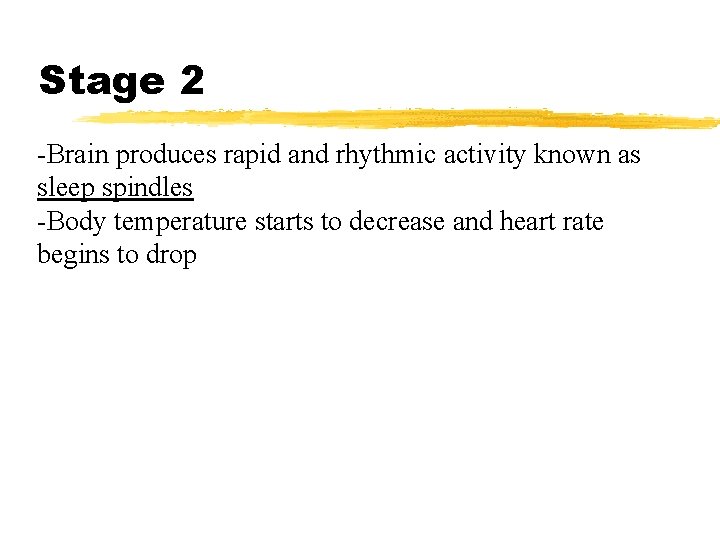 Stage 2 -Brain produces rapid and rhythmic activity known as sleep spindles -Body temperature