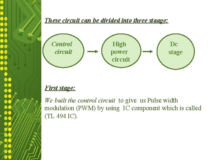 These circuit can be divided into three staage: Control circuit High power circuit Dc
