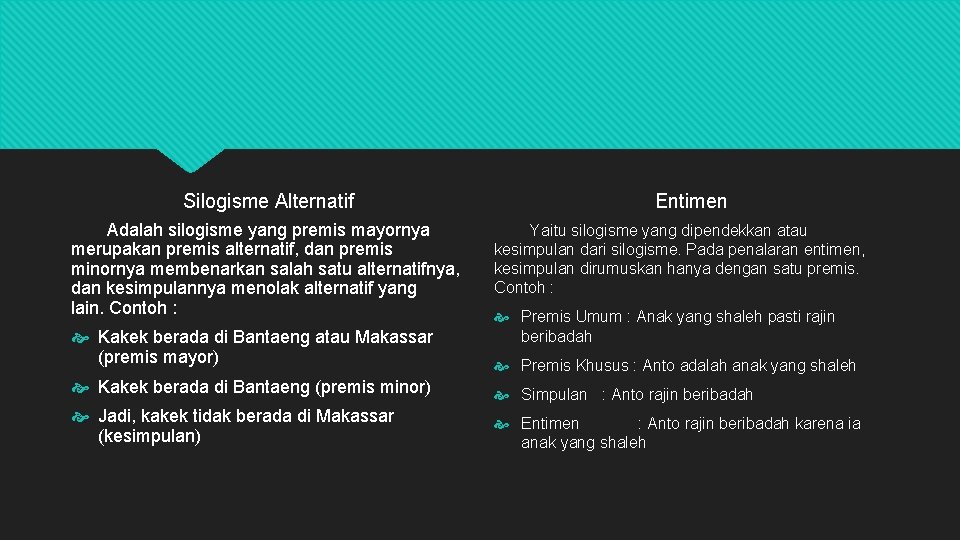 Silogisme Alternatif Adalah silogisme yang premis mayornya merupakan premis alternatif, dan premis minornya membenarkan