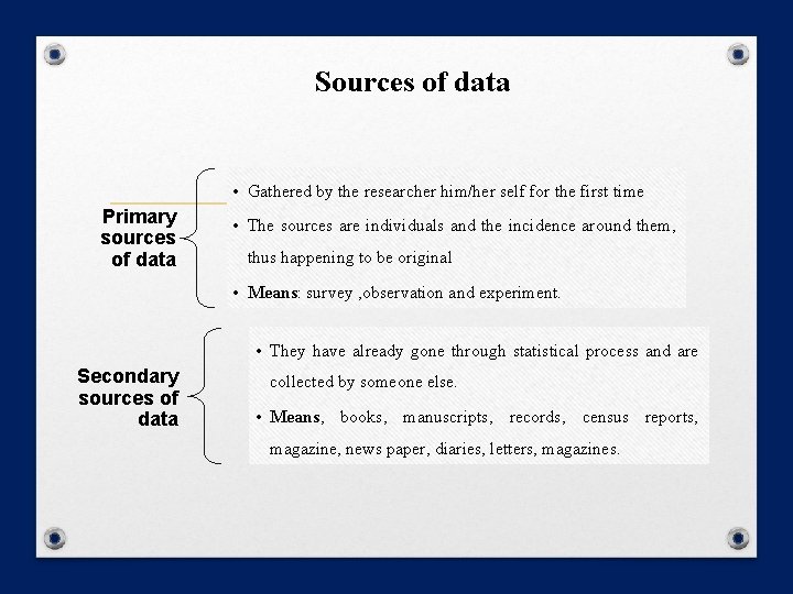 Sources of data • Gathered by the researcher him/her self for the first time Sources of data • Gathered by the researcher him/her self for the first time