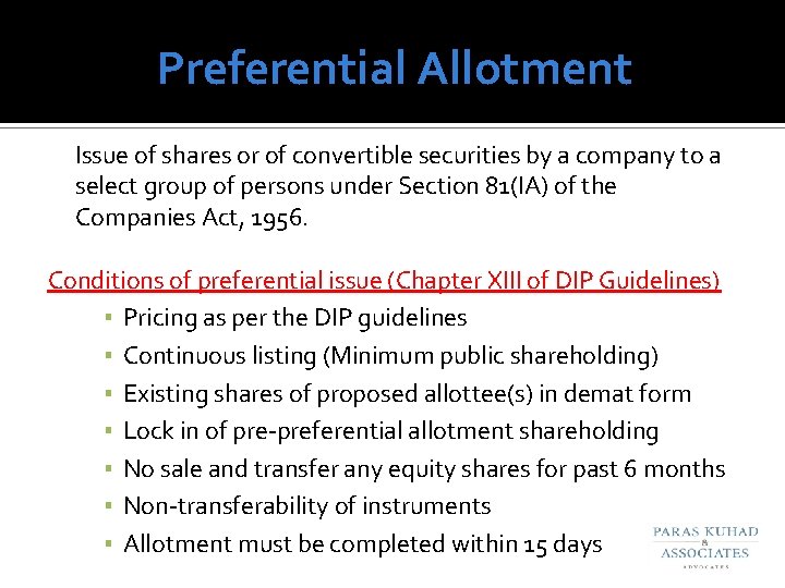 Preferential Allotment Issue of shares or of convertible securities by a company to a