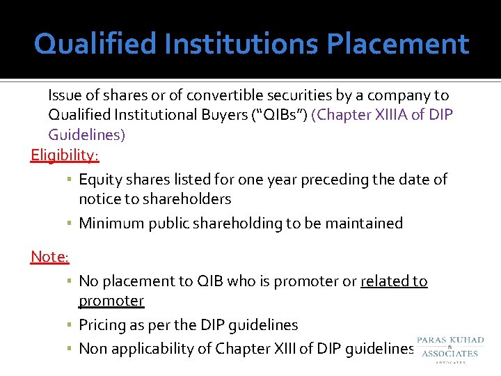 Qualified Institutions Placement Issue of shares or of convertible securities by a company to