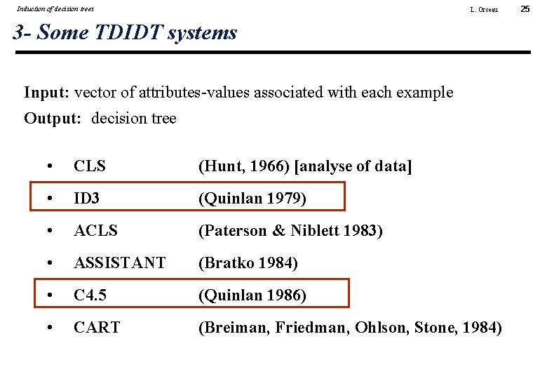 Induction of decision trees L. Orseau 3 - Some TDIDT systems Input: vector of