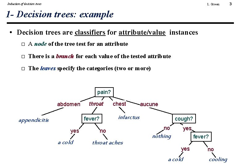 Induction of decision trees L. Orseau 1 - Decision trees: example • Decision trees