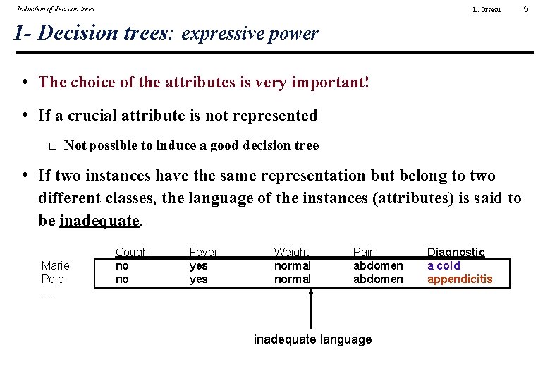 Induction of decision trees L. Orseau 1 - Decision trees: expressive power • The