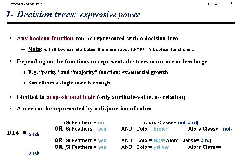 Induction of decision trees L. Orseau 6 1 - Decision trees: expressive power •