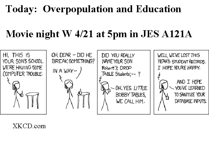 Today: Overpopulation and Education Movie night W 4/21 at 5 pm in JES A