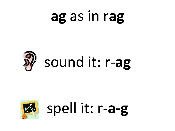 ag as in rag sound it: r-ag spell it: r-a-g 