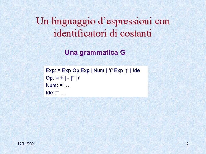 Un linguaggio d’espressioni con identificatori di costanti Una grammatica G Exp: : = Exp