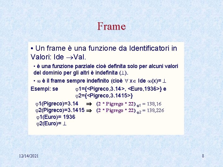 Frame • Un frame è una funzione da Identificatori in Valori: Ide Val. •