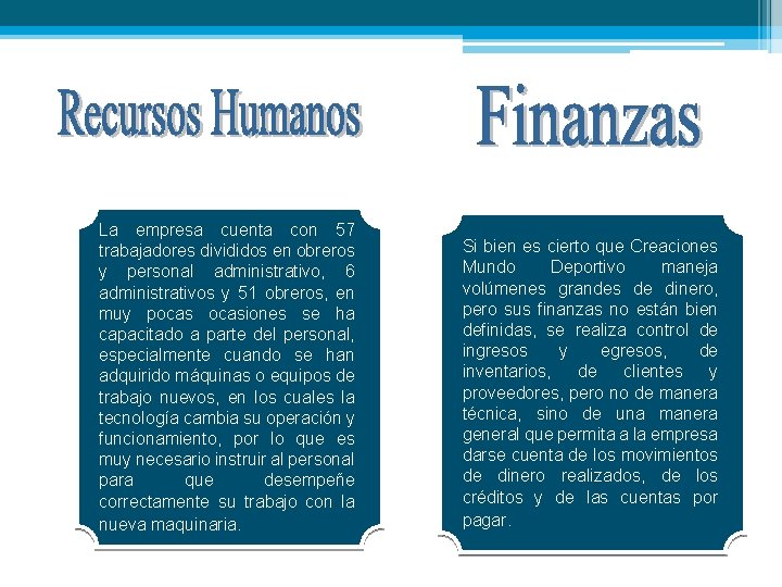 La empresa cuenta con 57 trabajadores divididos en obreros y personal administrativo, 6 administrativos