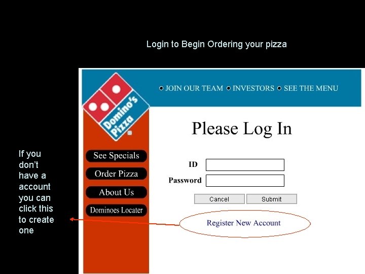 Login to Begin Ordering your pizza If you don’t have a account you can