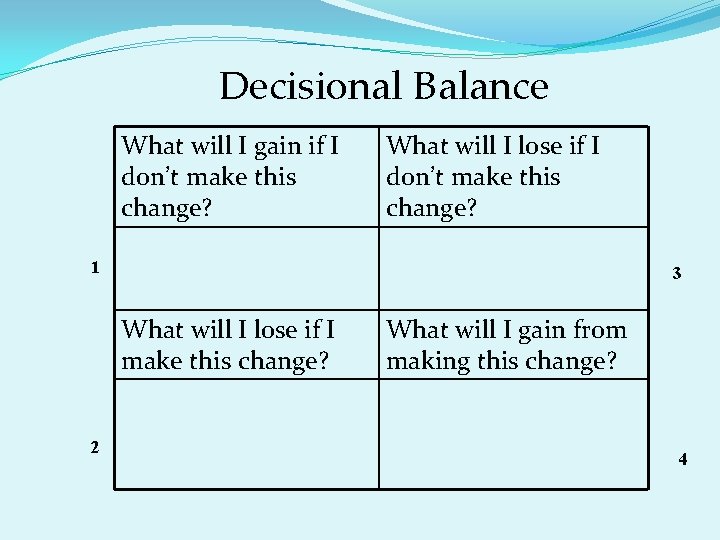 Decisional Balance What will I gain if I don’t make this change? What will