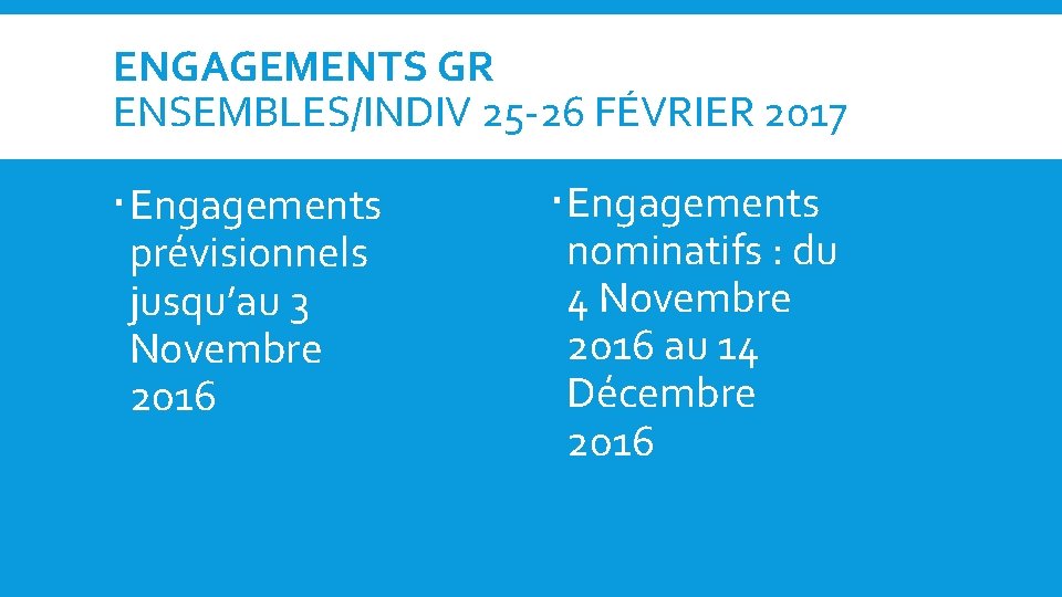 ENGAGEMENTS GR ENSEMBLES/INDIV 25 -26 FÉVRIER 2017 Engagements prévisionnels jusqu’au 3 Novembre 2016 Engagements