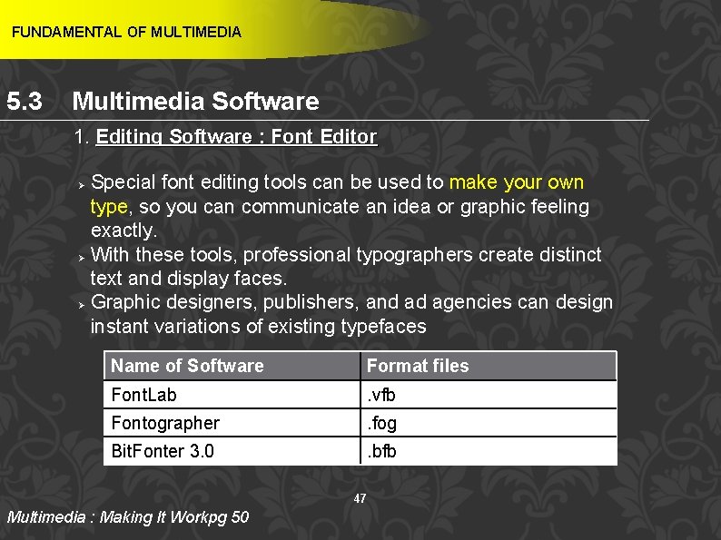 FUNDAMENTAL OF MULTIMEDIA 5. 3 Multimedia Software 1. Editing Software : Font Editor Special