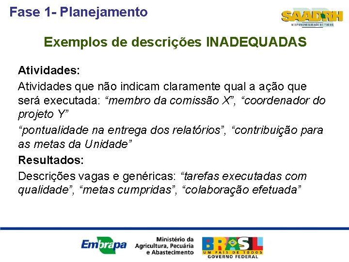 Fase 1 - Planejamento Exemplos de descrições INADEQUADAS Atividades: Atividades que não indicam claramente