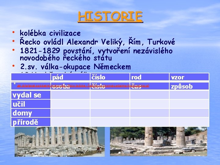 HISTORIE • kolébka civilizace • Řecko ovládl Alexandr Veliký, Řím, Turkové • 1821 -1829
