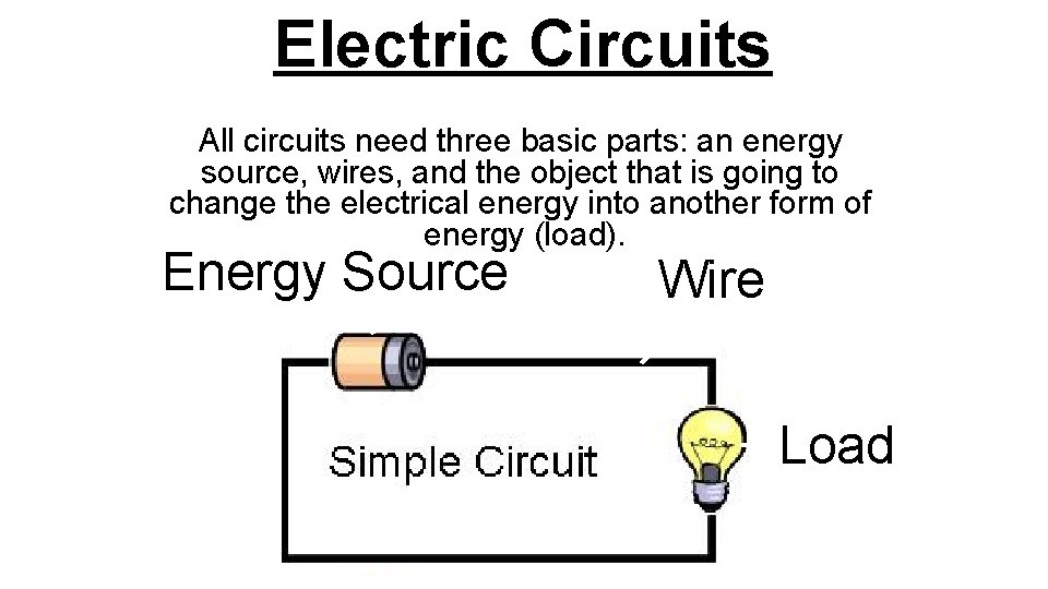 Electric Circuits All circuits need three basic parts: an energy source, wires, and the Electric Circuits All circuits need three basic parts: an energy source, wires, and the