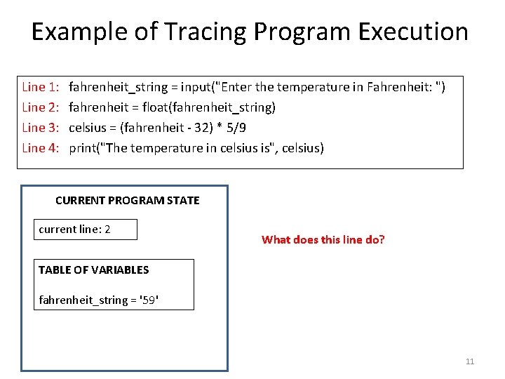 Example of Tracing Program Execution Line 1: Line 2: Line 3: Line 4: fahrenheit_string