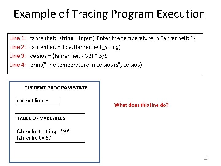 Example of Tracing Program Execution Line 1: Line 2: Line 3: Line 4: fahrenheit_string