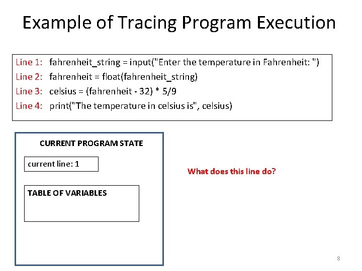 Example of Tracing Program Execution Line 1: Line 2: Line 3: Line 4: fahrenheit_string