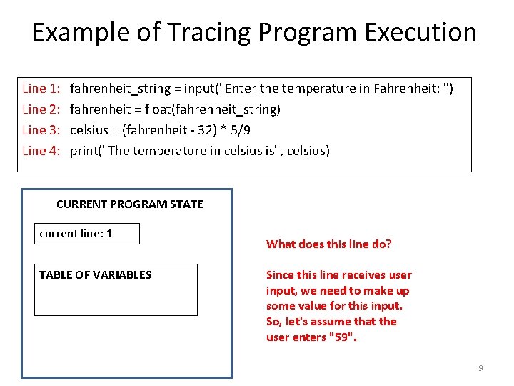 Example of Tracing Program Execution Line 1: Line 2: Line 3: Line 4: fahrenheit_string