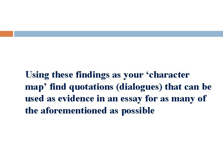 Using these findings as your ‘character map’ find quotations (dialogues) that can be used