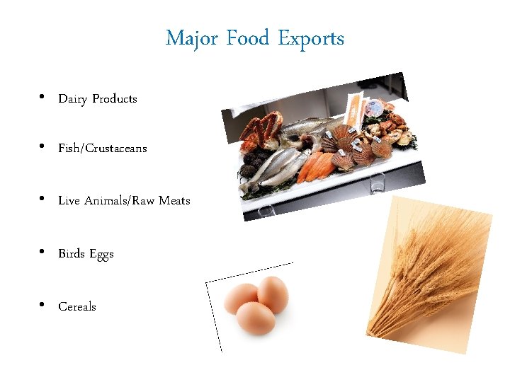 Major Food Exports • Dairy Products • Fish/Crustaceans • Live Animals/Raw Meats • Birds