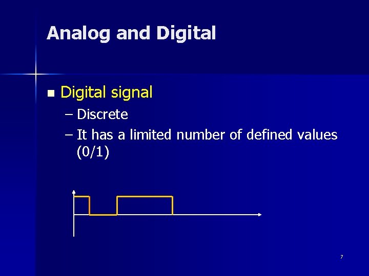 Analog and Digital n Digital signal – Discrete – It has a limited number