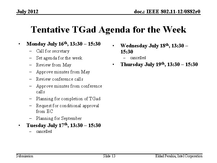 July 2012 doc. : IEEE 802. 11 -12/0882 r 0 Tentative TGad Agenda for