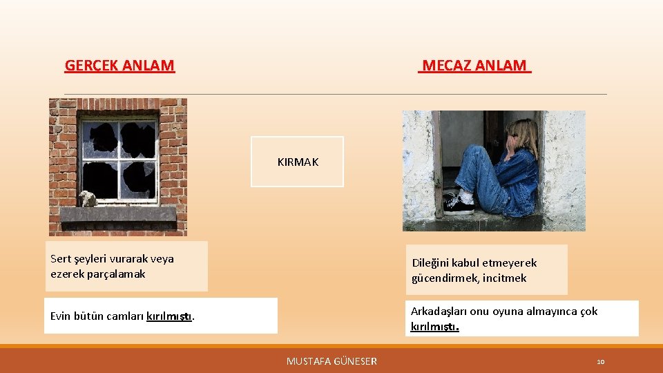 MECAZ ANLAM GERÇEK ANLAM KIRMAK Sert şeyleri vurarak veya ezerek parçalamak Dileğini kabul etmeyerek