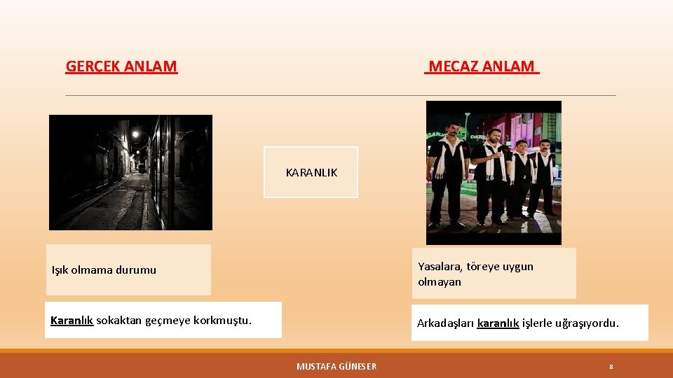 MECAZ ANLAM GERÇEK ANLAM KARANLIK Işık olmama durumu Yasalara, töreye uygun olmayan Karanlık sokaktan