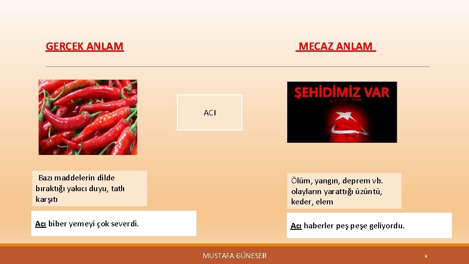 MECAZ ANLAM GERÇEK ANLAM ACI Bazı maddelerin dilde bıraktığı yakıcı duyu, tatlı karşıtı Ölüm,