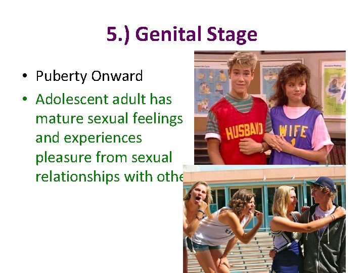 5. ) Genital Stage • Puberty Onward • Adolescent adult has mature sexual feelings