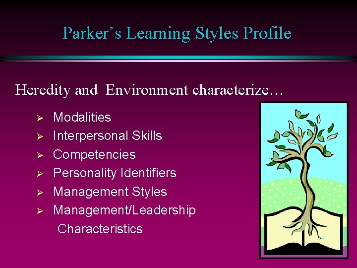 Parker’s Learning Styles Profile Heredity and Environment characterize… Ø Ø Ø Modalities Interpersonal Skills