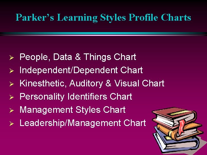 Parker’s Learning Styles Profile Charts Ø Ø Ø People, Data & Things Chart Independent/Dependent