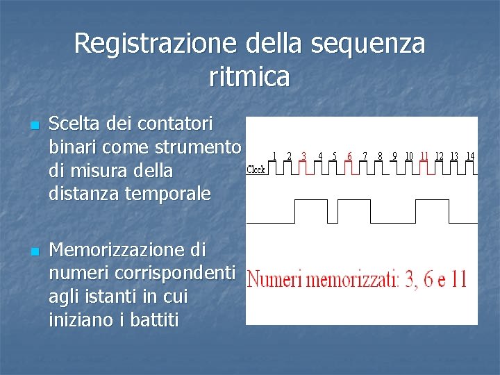 Registrazione della sequenza ritmica n n Scelta dei contatori binari come strumento di misura