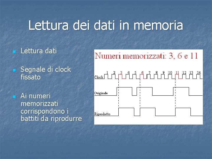 Lettura dei dati in memoria n n n Lettura dati Segnale di clock fissato